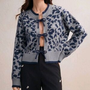 AutumnRoundNeck LongSleeve Leopard Print Tie-Up Knitted Sweater Elegant Cardigan